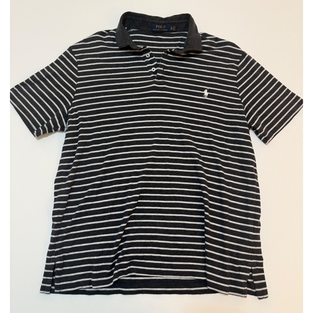Polo Ralph Lauren Mens XL Gray White Striped Short Sleeve Pony Logo Polo Shirt